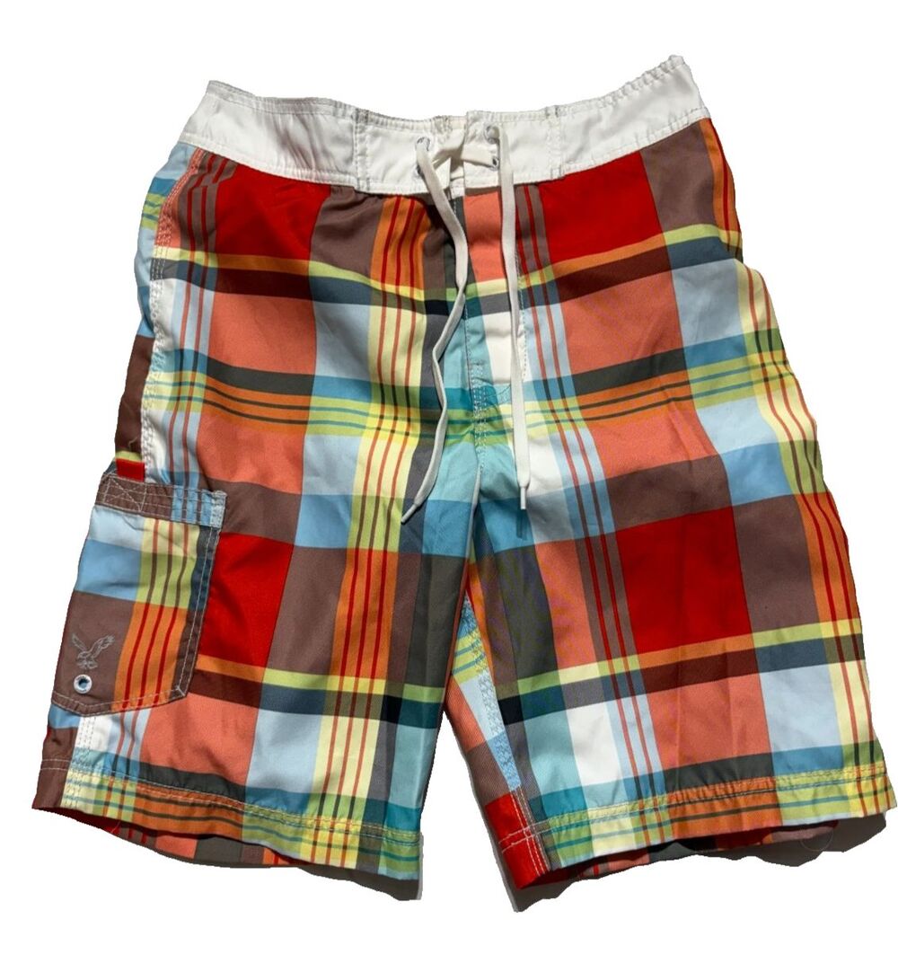 American Eagle Mens Board Shorts Swim Trunks Multicolor Plaid Cargo Pocket y2k